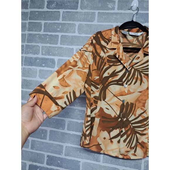 kathy Che Vintage Womens Palm Print 3/4 Sleeve Collared Button-Up Shirt Size 12 - Picture 2 of 7